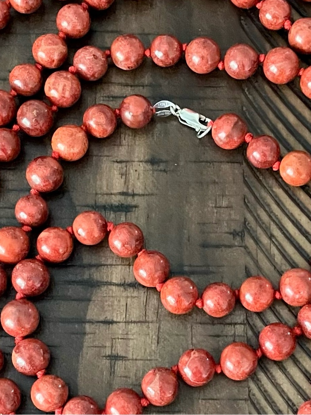 AIL Aluma Red Sponge Coral Beaded Necklace 60” Sterling Silver Clasp Knotted